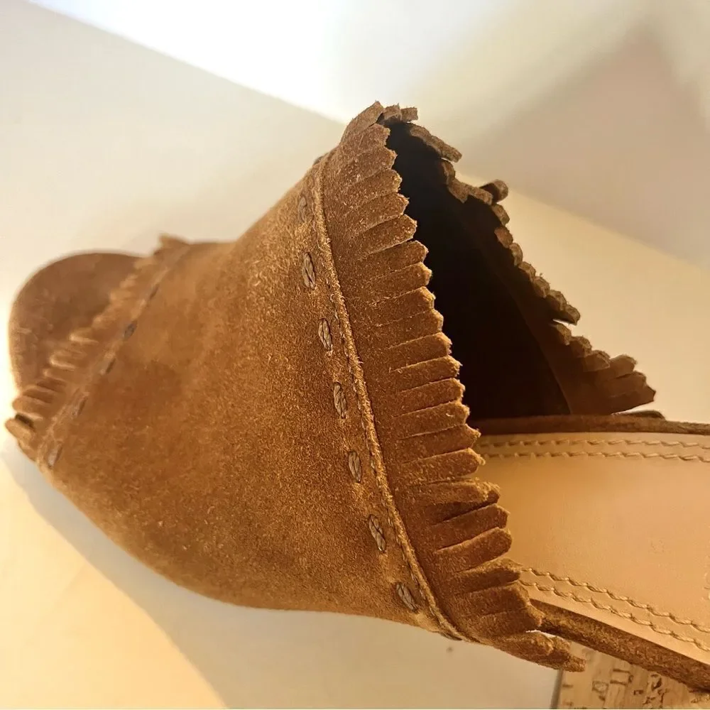 Tory Burch Huntington Camel Suede Fringe Slide Mules in Tan Size 8‎
